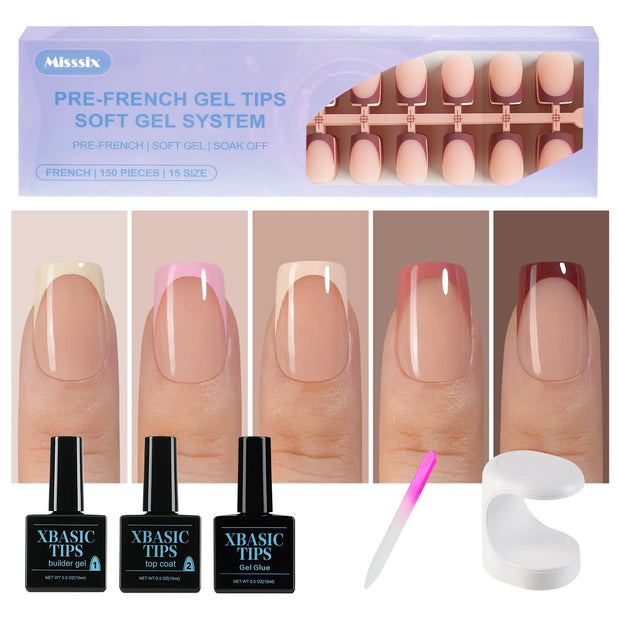 Misssix French Gel Nail Tips, 150Pcs French Tip Press on Nails Long Square Design, No Need to File Tips Pre-lasting, Fake Nails for Nail Art DIY 15 Sizes