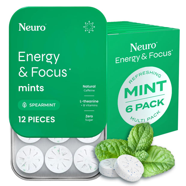 Neuro Energy & Focus Mints - Sugar Free Breath Mints with 80mg Natural Caffeine, B Vitamins & L-Theanine - Vegan Brain Supplement for Exercise, Study & Daily Focus - Peppermint, 72 ct