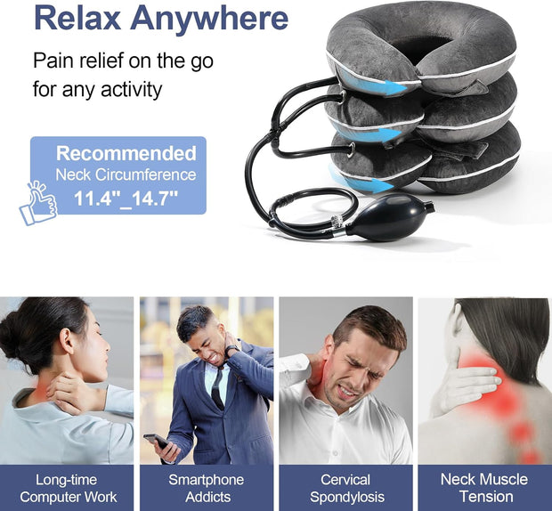 Neck Stretcher for Pain Relief, Adjustable Inflatable Cervical Traction Device, Neck Brace for Home Use, Supports Neck Decompression & Spine Alignment，Gifts for Women (Grey)
