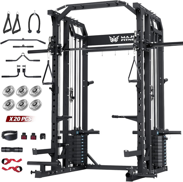 Major Fitness Drone2 Advanced Training Smith Machines– All-in-One Home Gym Squat Rack with Aluminum Pulley Set , Weight Bar, Dual LAT Pull-Down Systems & Cable Crossover Machine for Full-Body Workouts