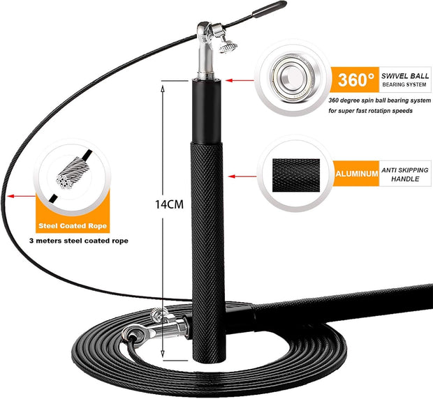 Speed Jump Rope - 360° Swivel Ball Bearing - Adjustable steel coated rope-Aluminum Anti Skipping Handle -Fitness Training Boxing Sports Exercises -Suitable for Kids and Adults