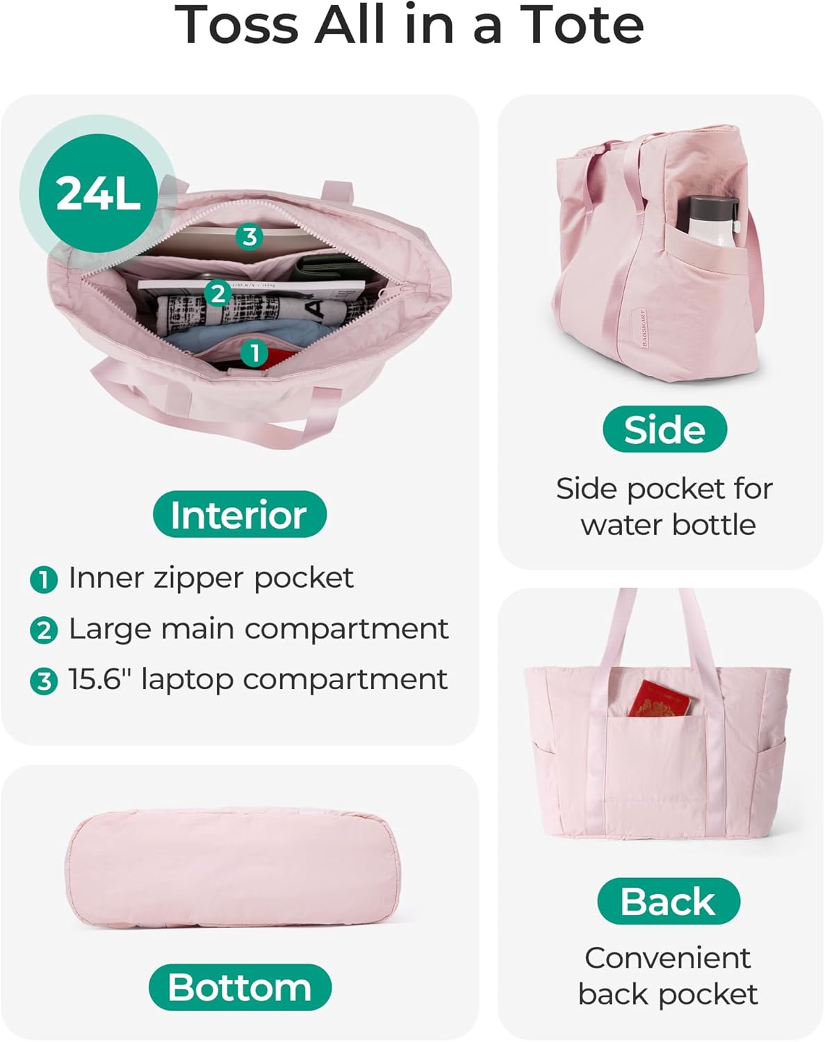 BAGSMART Tote Bag for Women with Zipper, Gym tote with Compartments, Work Tote Nurse Dance Yoga Bag for Travel