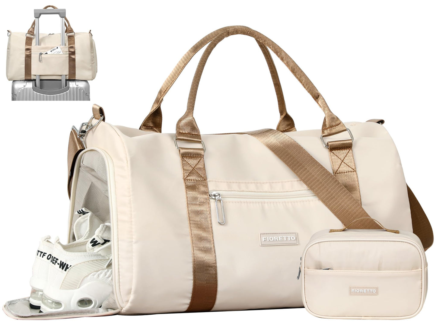 FIORETTO Womens Gym Tote Duffle Bag with Wet Pocket & Shoe Compartment, Sports Duffel Overnight Weekender Hospital Workout Carry on Bag for Girls, Ideal for Travel, Swimming, Dance, Ballet Beige