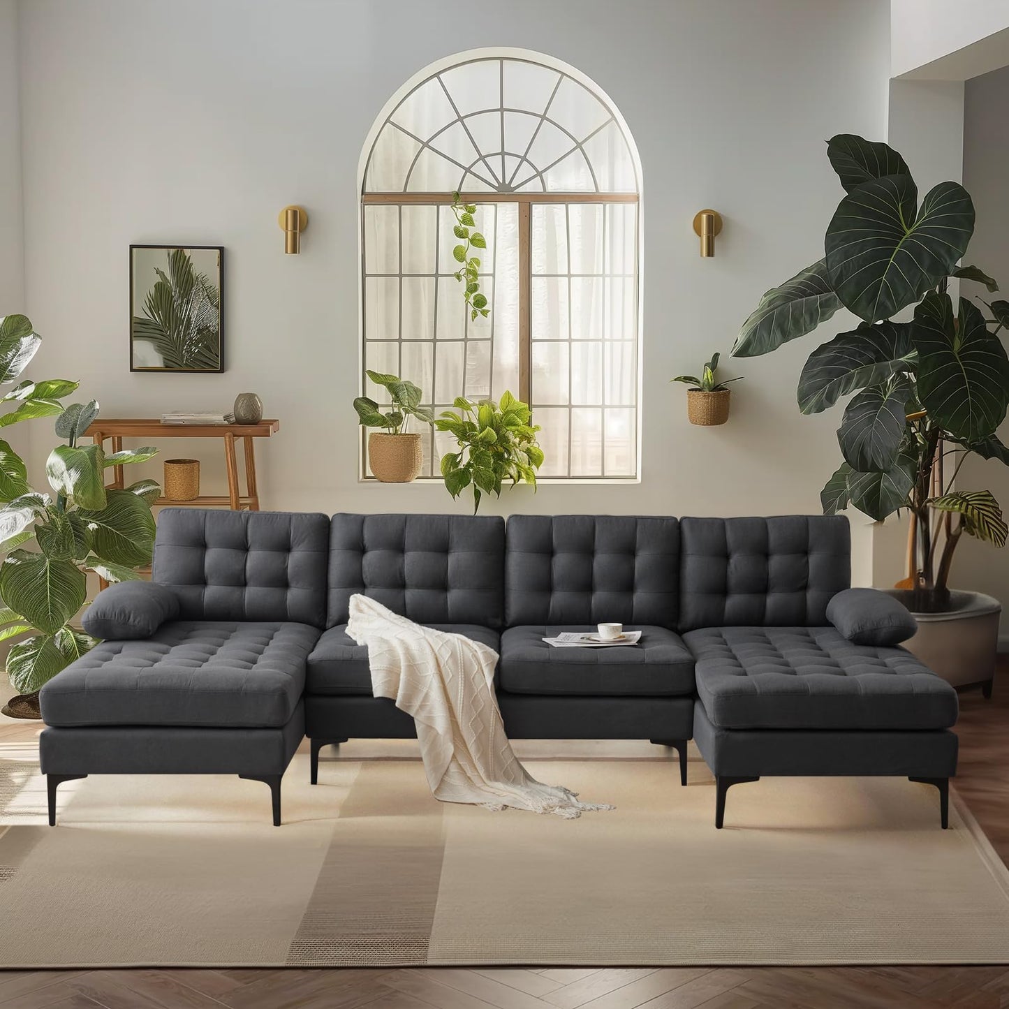 VINGLI 110" Modern U Shaped Sectional Couch with 51"D Double Chaise for Living Room, Black Deep Seat Sectional Sofa Sets with 5.9" Thickness Seating Padding for Home Furniture,Linen Fabric,Metal Legs
