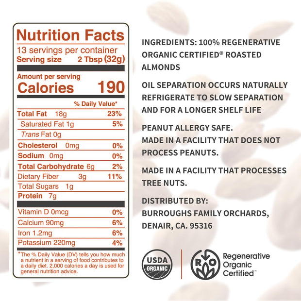 USDA Organic Crunchy Almond Butter, 14 oz – No Palm Oil, No Sugar Added Almond Nut Butter – 2x the Antioxidants and Vitamin B Versus Other Nut Butter – First Regenerative Organic Certified