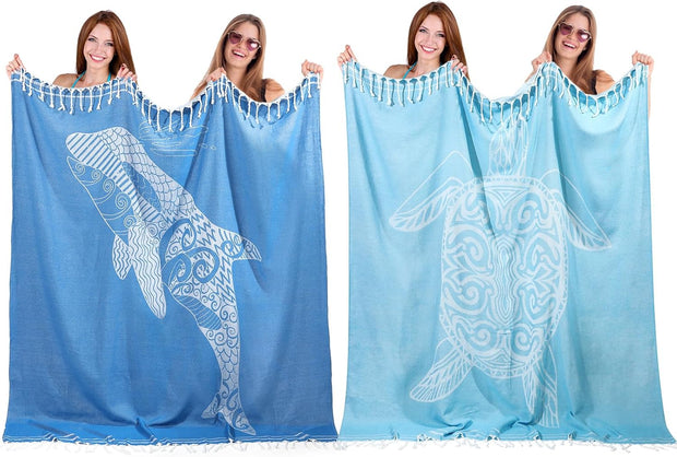 Tranqun 2pcs Oversized Beach Towel Blanket Turkish Giant Sandproof Towel XXL 66 x 71 Spacious Microfiber Lightweight Sand Towels Picnic Park Summer Travel Camping for Adult(Whale,Blue)