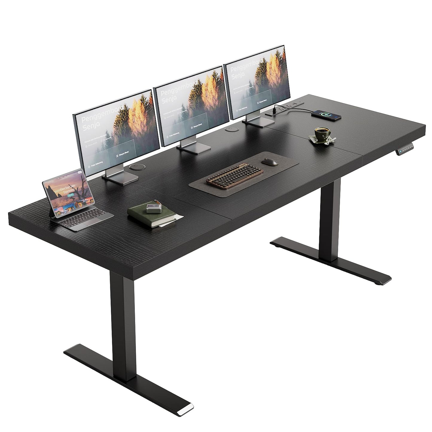 Electric Standing Desk with 3-Piece Board, 71 Inch Height Adjustable Large Desk with Power Outlets, Sit Stand Table, Writing Computer Desk for Home, Office, Workstation, Rustic Brown