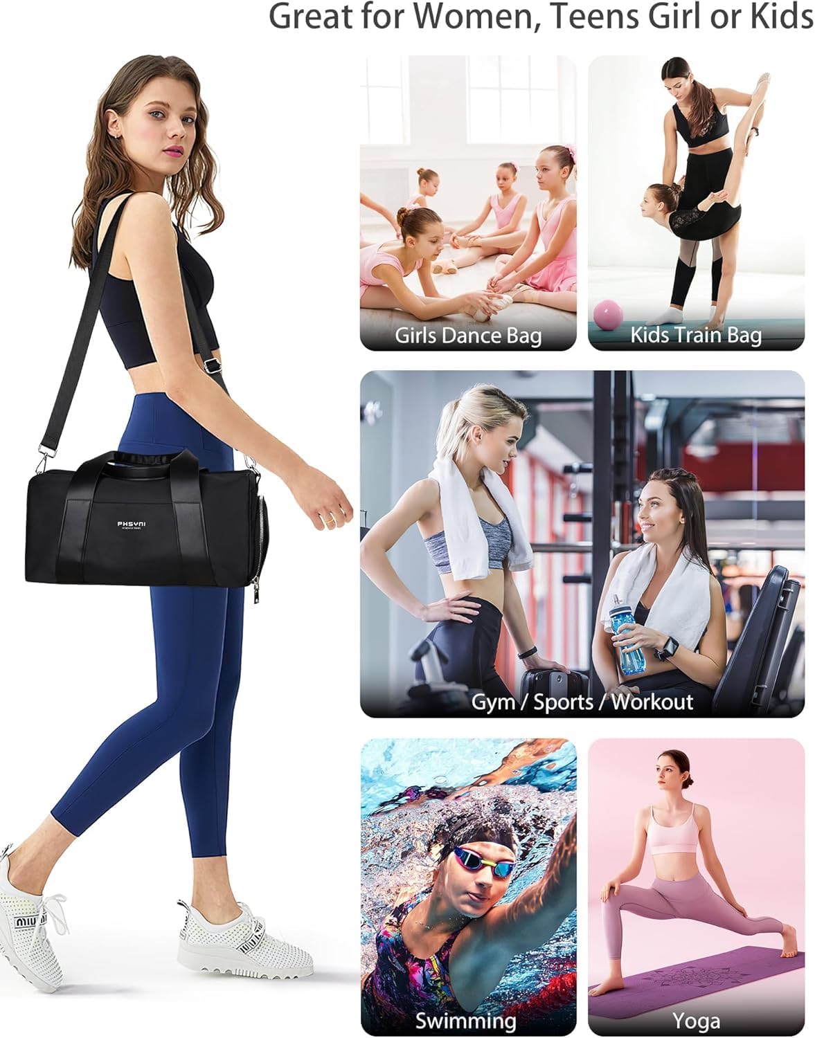 Compact Sports Gym Bag for Women and Men, Cute Mini Duffle Bag with Wet Pocket & Shoes Compartment, Personal Item Travel Workout Bag, 16"-Small, Black