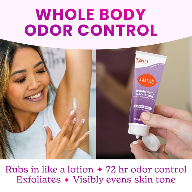 Lume Whole Body Deodorant - Invisible Cream and Solid - 72 Hour Odor Control - Aluminum Free, Baking Soda Free, Skin Safe - 3.0 Ounce Cream and 2.6 Ounce Solid Bundle (Lavender Sage)