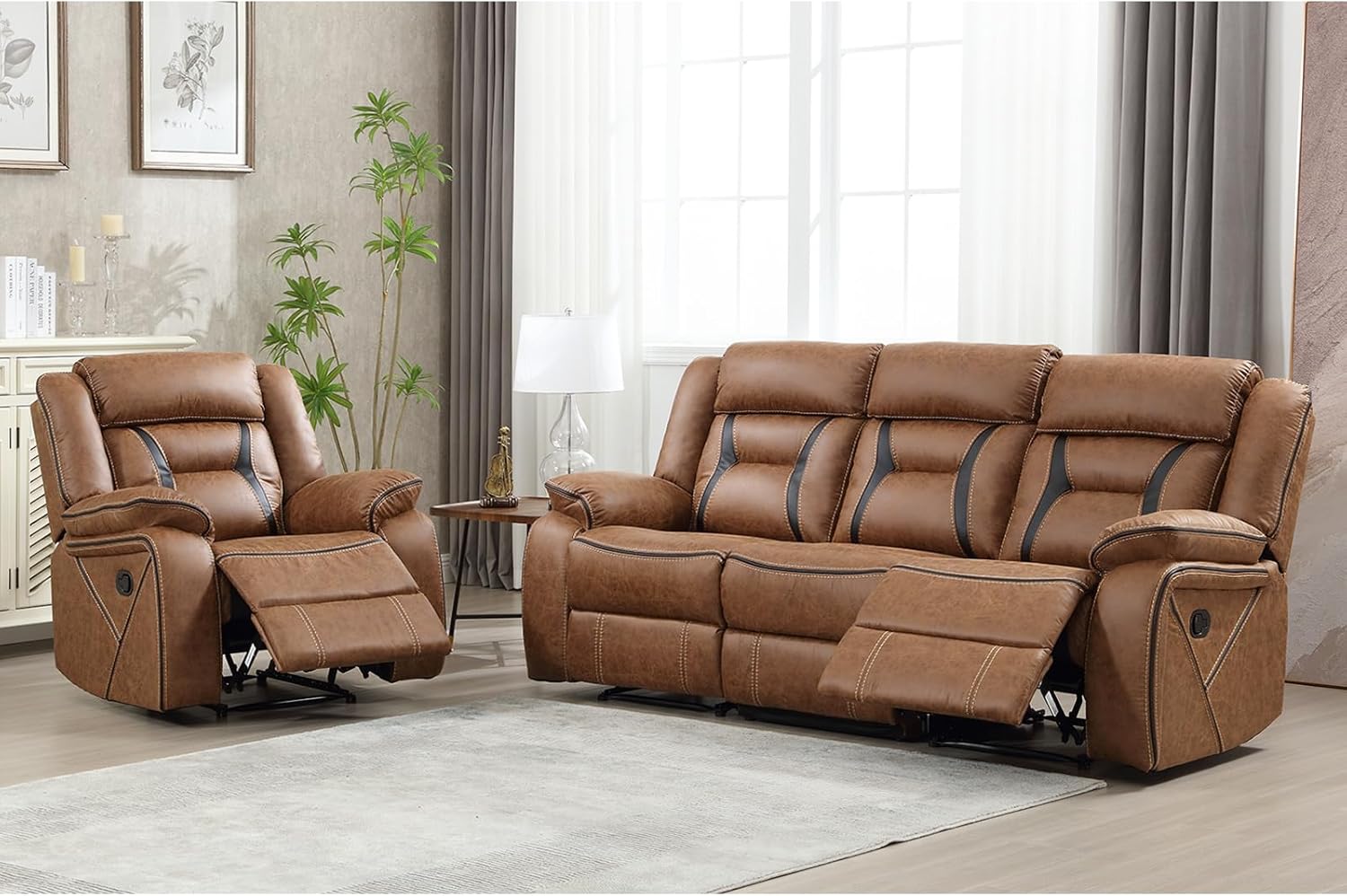 Faux Leather Recliner Sofa Furniture Set for Living Room, 2 Recliner Chairs, 3 Seat Reclining Sofa Couch Set for Meeting Room, Brown