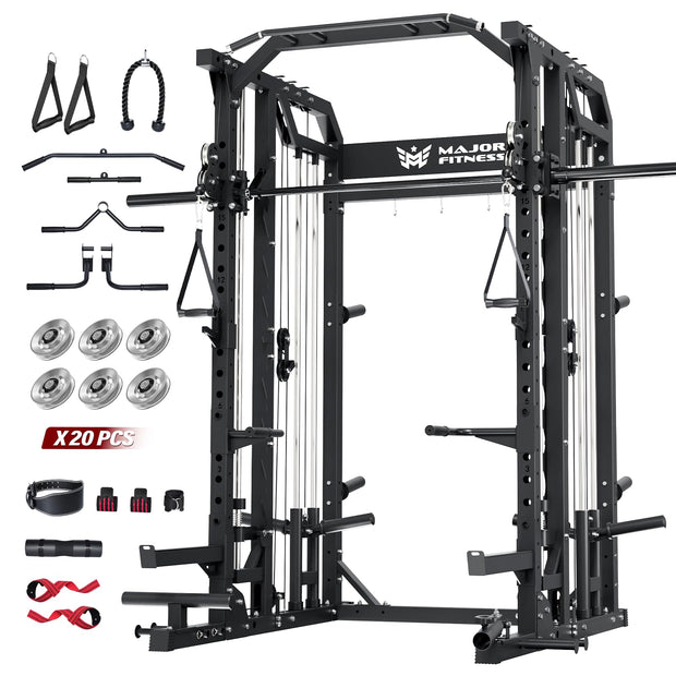 Major Fitness Drone2 Advanced Training Smith Machines– All-in-One Home Gym Squat Rack with Aluminum Pulley Set , Weight Bar, Dual LAT Pull-Down Systems & Cable Crossover Machine for Full-Body Workouts