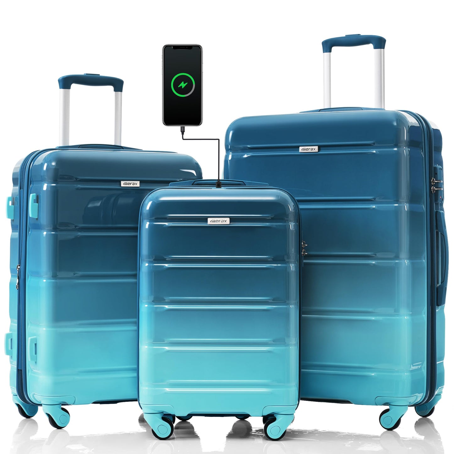 Merax 3 Luggage Sets, ABS Hardshell Suitcase Spinner Wheels with USB Port TSA Lock, Blue and Navy, 20/24/28 Inch