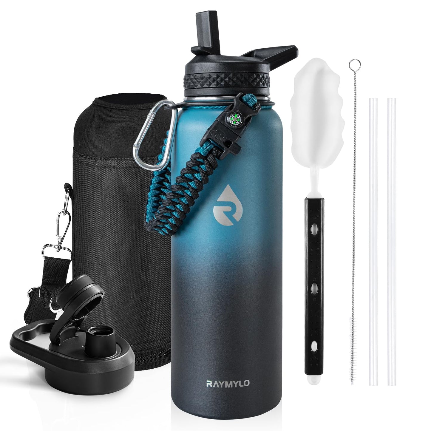 Insulated Water Bottle 64 oz, Triple Wall Vacuum Stainless Steel (Cold for 48 Hrs), Leak Proof & Non-BPA, Half Gallon Water Flask Jug with Paracord Handle & Straw Spout Lids, Magic Black