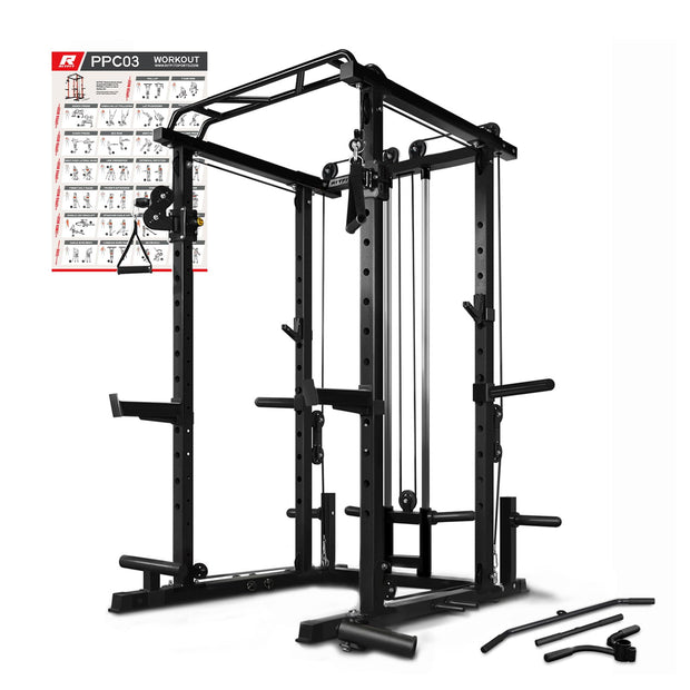 RitFit Multi-Function Squat Rack Power Cage PPC03 with Cable Crossover System, 1000LBS Capacity Power Rack and Packages with Optional Weight Bench, Barbell Weight Set, for Garage Workout & Home Gym