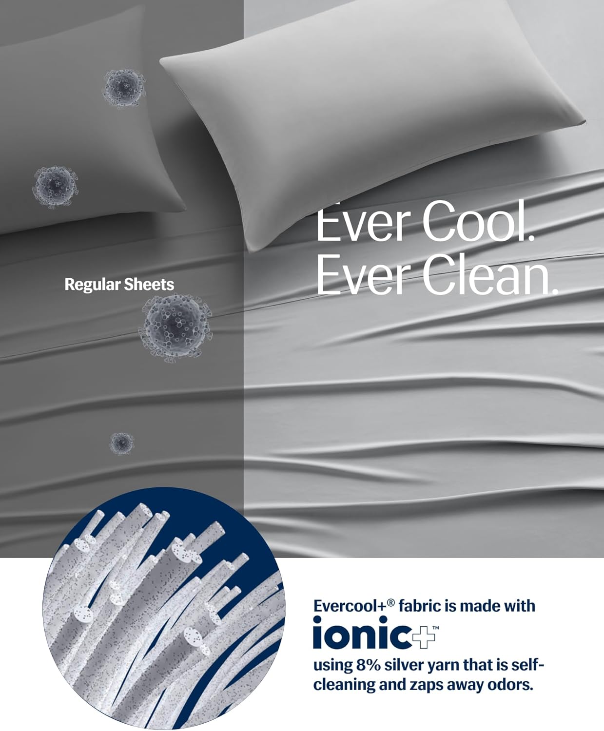 REST® Evercool®+ Cooling Sheet Set, King Size, Light Gray, Breathable Bed Sheets for Hot Sleeper and Night Sweats, with Pillowcases, with Ionic+ Self-Cleaning Silver Yarn for Sensitive Skin, 4PCS