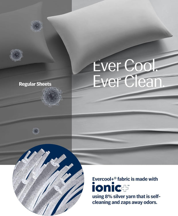 REST® Evercool®+ Cooling Sheet Set, King Size, Light Gray, Breathable Bed Sheets for Hot Sleeper and Night Sweats, with Pillowcases, with Ionic+ Self-Cleaning Silver Yarn for Sensitive Skin, 4PCS