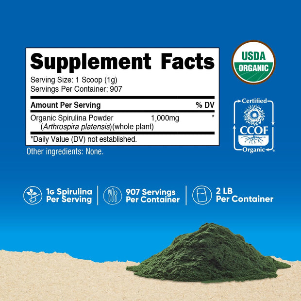 Nutricost Organic Spirulina Powder 2 LB - Pure, Certified Organic Spirulina