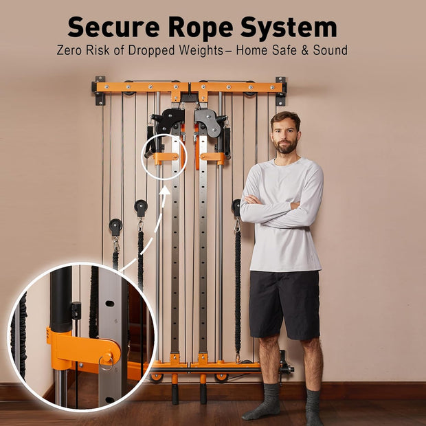 Wall-Mounted Folding Smith Machine Home Gym, All-in-One Compact Power Cage & Cable Pulley Trainer with 125–250LB Dual-User Resistance Band System for Home, Garage, Basement Fitness