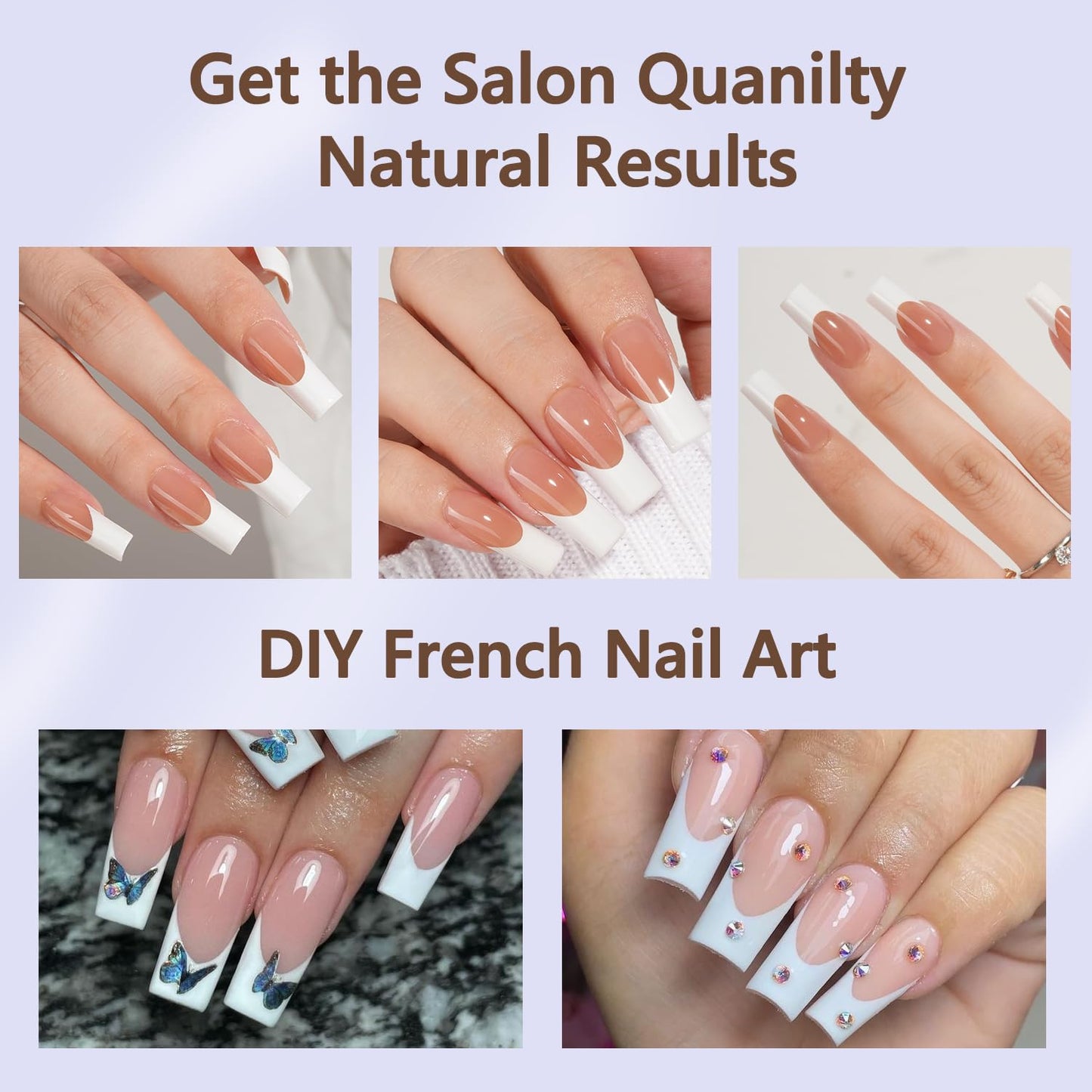 Misssix French Gel Nail Tips, 240Pcs French Tip Press on Nails Long Square Brown, No Need to File 3 in 1 Tips Pre-lasting, Fake Nails for Nail Art DIY 15 Sizes