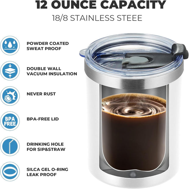 MEWAY 12oz/8 Pack Coffee Mug With Lid, Insulated Stainless Steel Reusable Coffee Cup, Double Wall Durable Coffee Mug, Powder Coate，For Coffee, Beer, Home, Office(MIX,8 Pack)