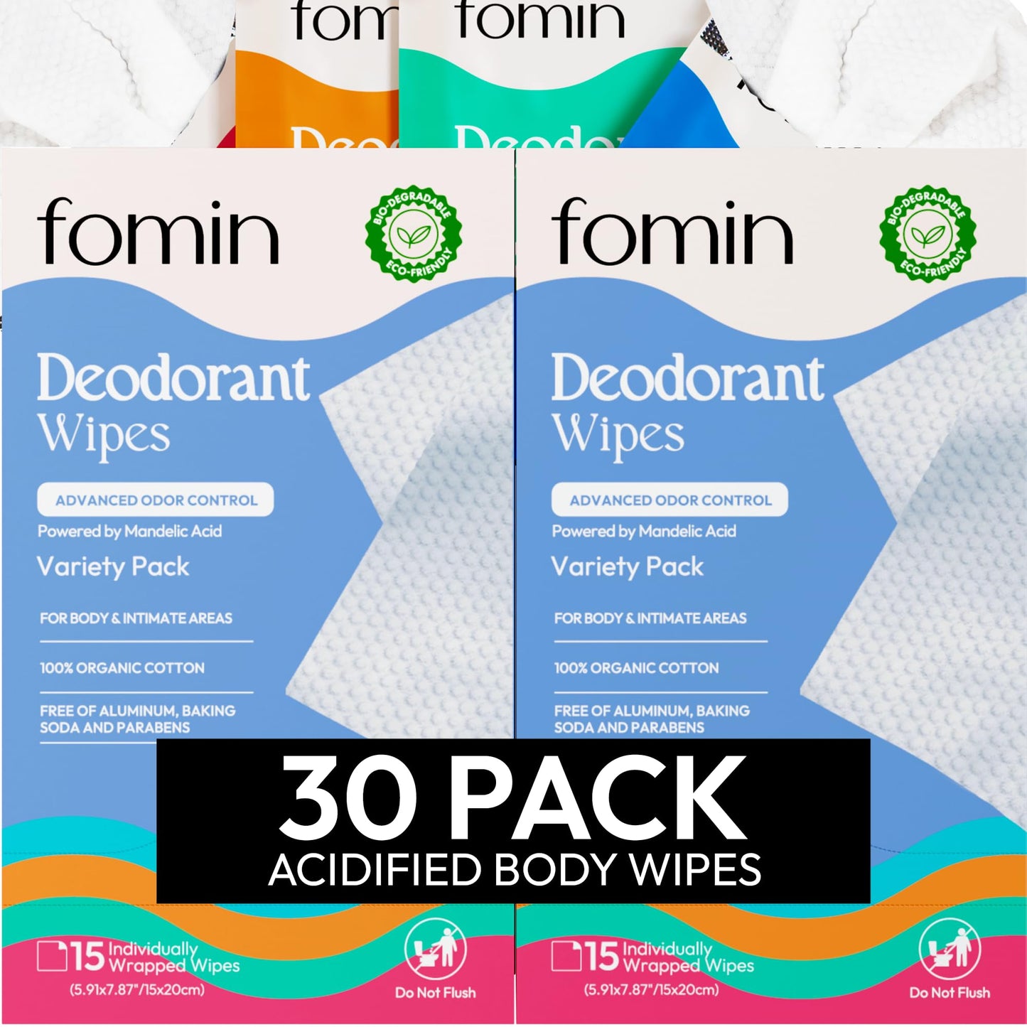 FOMIN Acidified Travel Deodorant Wipes For Women & Men - 30 Count - Fragrance Free - pH Balanced, Mini Deodorant Travel Size Wipes - Plastic-Free, Individually Wrapped Underarm Body Wipes