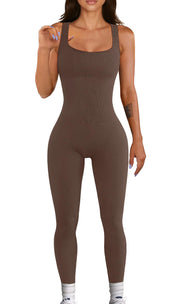Women Workout Seamless Jumpsuit Yoga Ribbed Bodycon One Piece Tank Top Leggings Romper