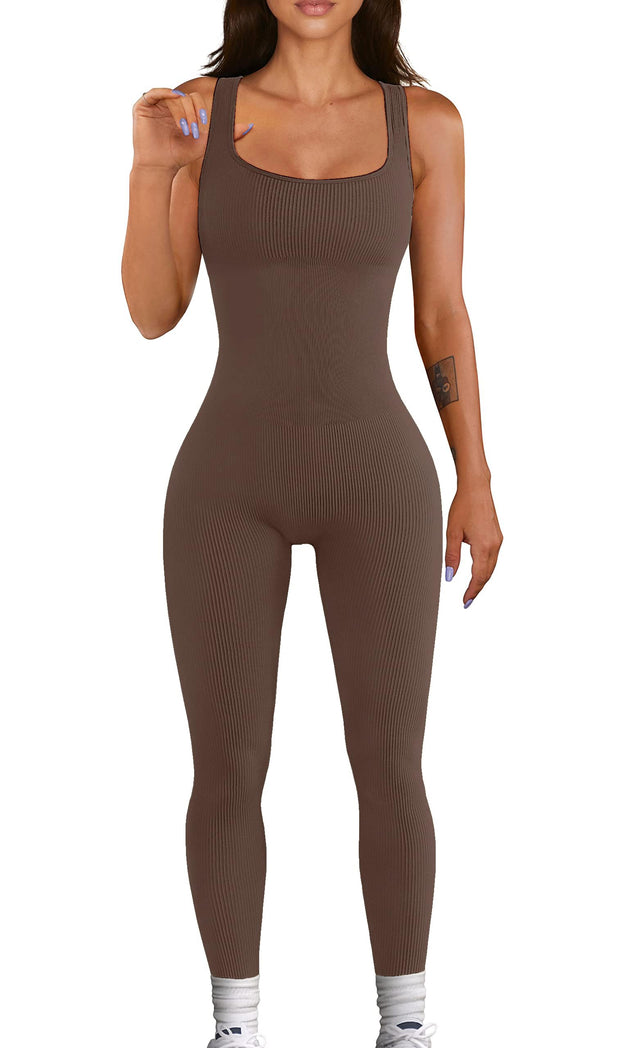 Women Workout Seamless Jumpsuit Yoga Ribbed Bodycon One Piece Tank Top Leggings Romper