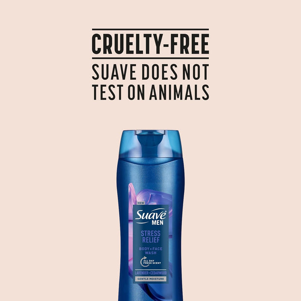 Suave Men’s Stress Relief Body + Face Wash, Gentle Moisture with Lavender & Cedarwood All Day Fresh Scent, 18 oz, 6 Pack