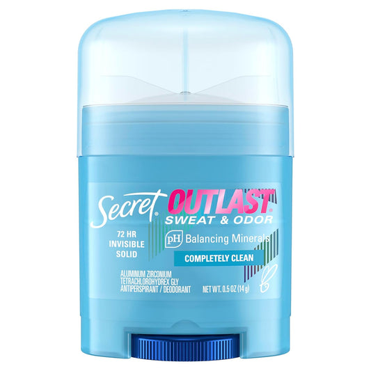 Secret Outlast Antiperspirant Deodorant for Women, 72hr Sweat & Odor Protection, PH Balancing Minerals, Invisible Solid, Completely Clean Scent, Travel Size, 0.5 oz