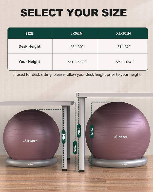 Trideer Exercise Yoga Ball Chair with Base for Home Office Desk, Stability & Fitness Ball Seat to Relieve Back Pain, Home Gym Workout for Abs, Pregnancy Ball with Pump