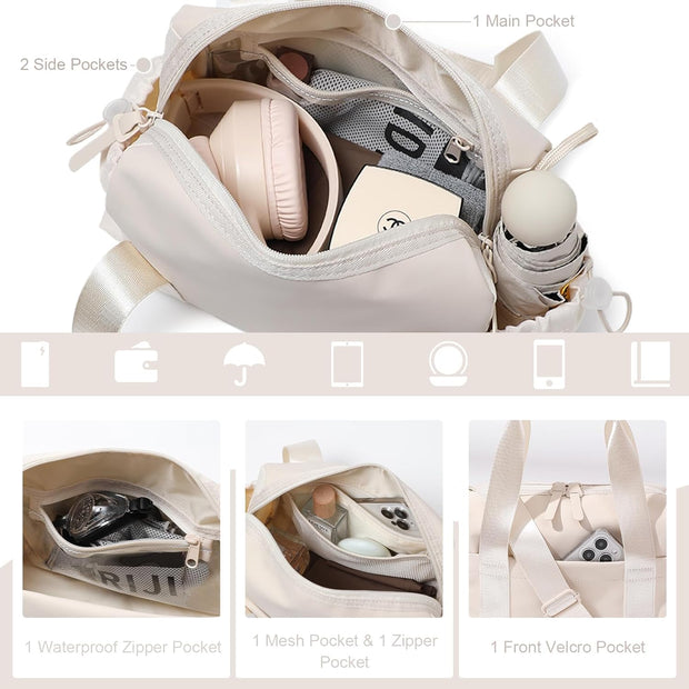 Small Gym Bag for Women, Mini Crossbody Gym Duffle Bag with Wet Compartment, Carry on Gym Tote Bag for Workout Dance Sport Travel (Mini-Beige)