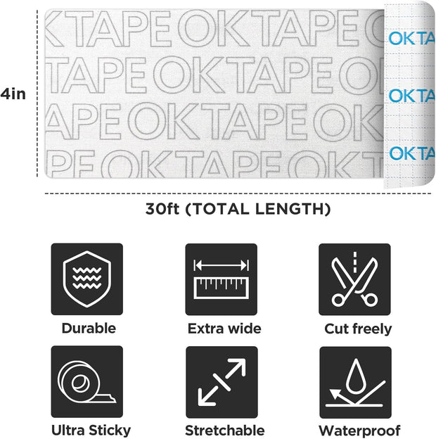 OK TAPE Turf Tape Football, Extra Wide Kinesiology Tape, Protects Arm from Turf Burn, Waterproof, Flexible, Super Sticky, White Athletic Tape (4 Inch x 30 Feet)