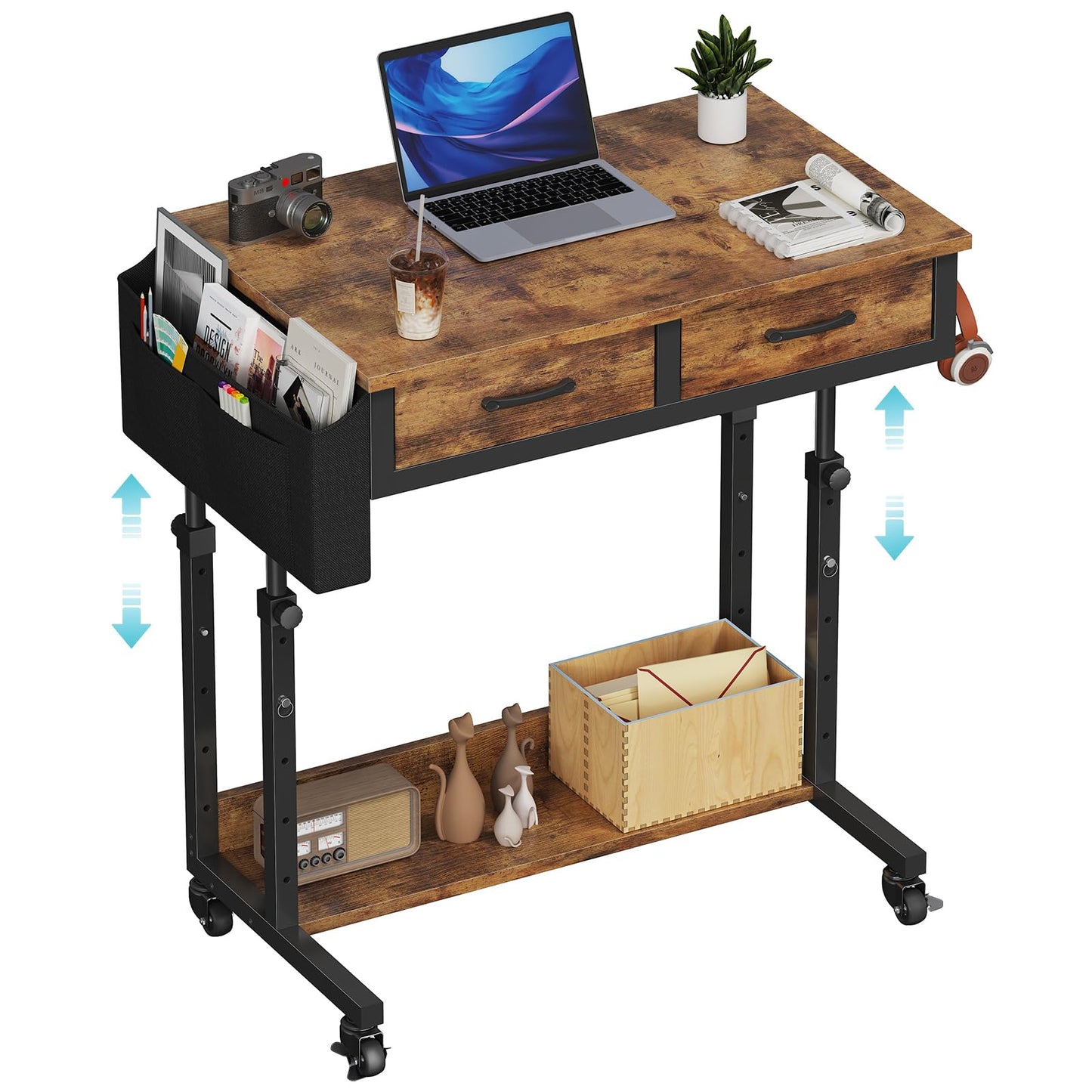 Small Portable Rolling Standing Desk - 32 Inch Adjustable Mobile Teacher Stand Up Desks with 2 Fabric Drawers on Wheels for Classroom, Couch Sofa Side Laptop Table with Storage for Home Office, Black