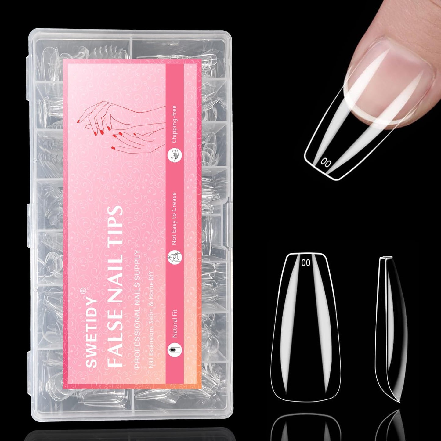 No C Curve 3XL Long Coffin Nail Tips, 420pcs Clear Acrylic Coffin Shape SWETIDY Flattened Half Cover False Nails for Salon&Home DIY French ABS Nail Art Tips,12 Sizes