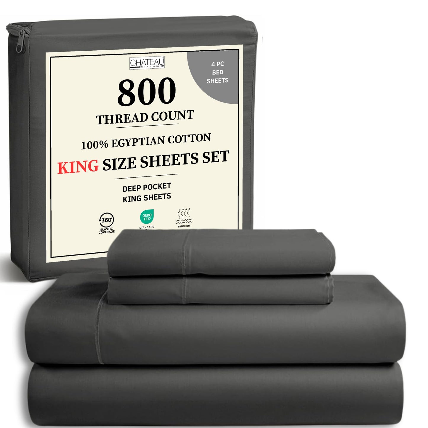 100% Egyptian Cotton Sheets King Size Sheets Set with Fully Elasticated Fitted Sheet & Pillowcase sets, 800 TC Hotel Collection Deep Pocket King Sheet Set, No Pill Soft Breathable Luxury White Bedding