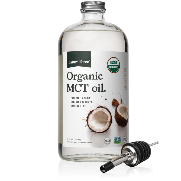 Natural Force Organic MCT Oil – Pure Glass Bottle – Made from 100% Cold Pressed Virgin Coconut Oil + Certified Keto, Paleo, Kosher, Vegan & Non-GMO – Lab Tested for Quality and Purity - 16 Ounce