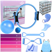KABCON Pilates Equipment Essentials Set for Women at Home with Complete User Guide,13” Pilates Ring,9.8” Exercise Ball,Elastic Bands,Yoga Socks,Yoga Strap,13-Pcs Starter Workout Set