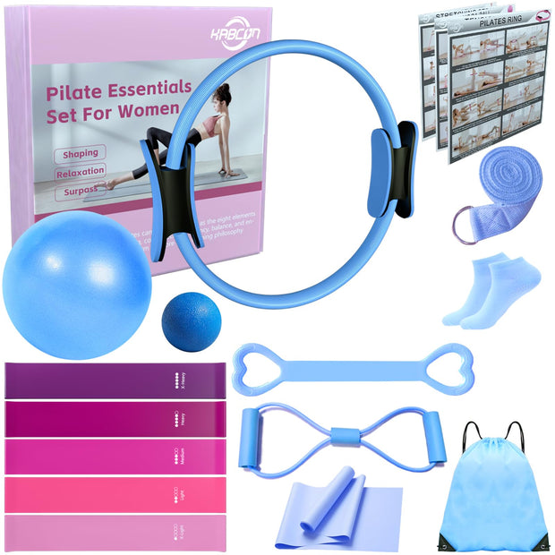 KABCON Pilates Equipment Essentials Set for Women at Home with Complete User Guide,13” Pilates Ring,9.8” Exercise Ball,Elastic Bands,Yoga Socks,Yoga Strap,13-Pcs Starter Workout Set