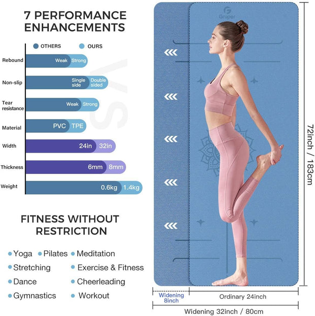 Yoga Mat Non Slip TPE Thick Yoga Mat with Alignment Mark, Large Size 72"L x 32"W x 0.32"Th or 0.24"Th, Anti-Tear Exercise & Fitness Mat for Yoga, Pilates & Floor Workouts