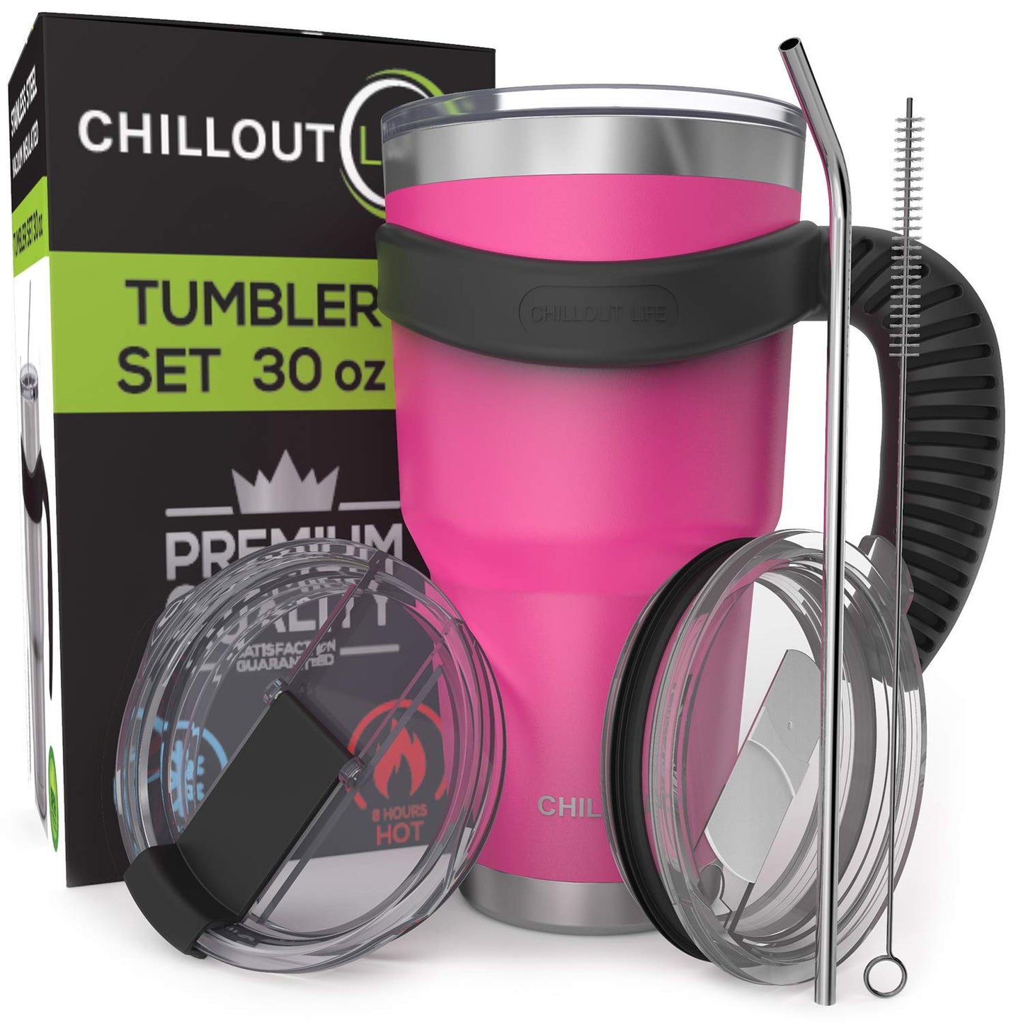 CHILLOUT LIFE Stainless Steel Travel Mug with Handle 30 oz – 6 Piece Set. Tumbler with Handle, Straw, Cleaning Brush & 2 Lids. Double Wall Insulated Large Coffee Mug Bundle