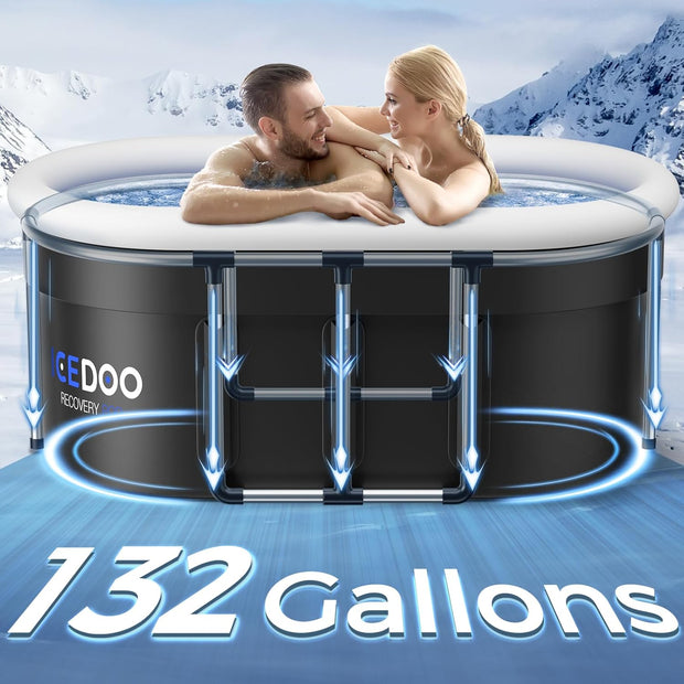 Upgraded 132-Gal Oval Ice Bath Tub with Air Ring, Portable Multi-Layered Cold Plunge Tub - Foldable & Inflatable, with Lid, for Athletes & Adults,Ideal for Home, Gym & Outdoor Use