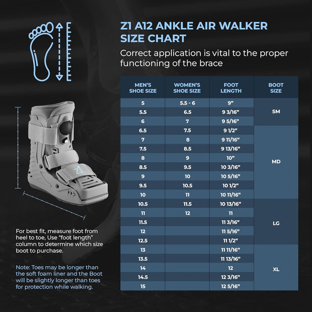 Z1 A12 Short Air Walker Ankle Fracture Boot - Orthopedic Walking Boot for Sprained Ankle, Injury - Support for Broken Foot & stability Stress Fracture Recovery Fits Left & Right Foot Men & Women (XL)