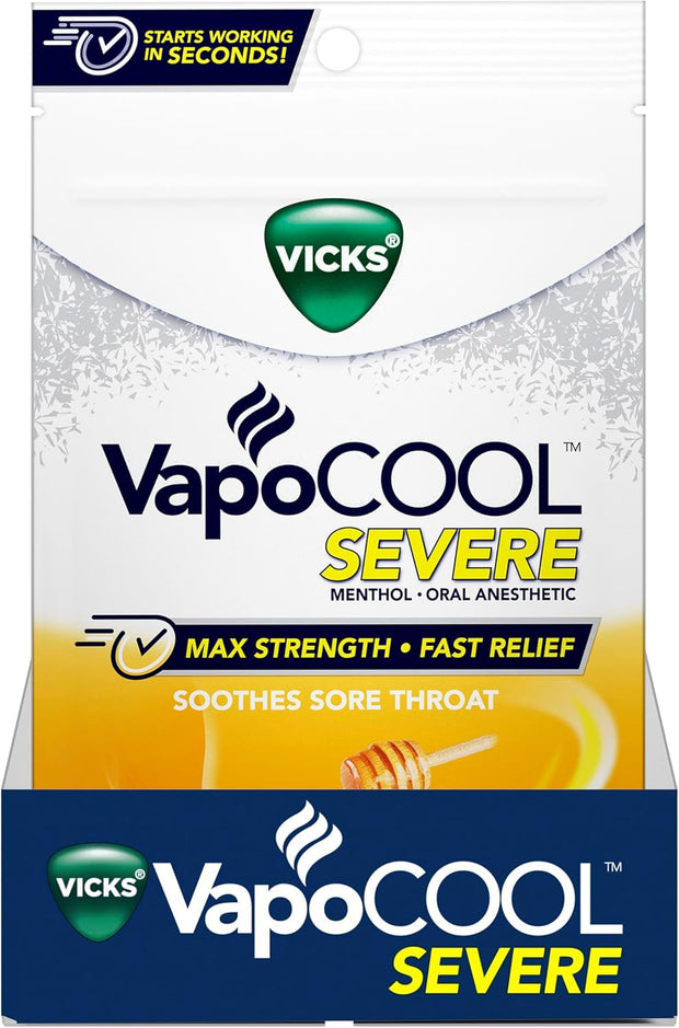 Vicks VapoCOOL SEVERE Medicated Sore Throat Drops, Fast-Acting Max Strength Relief, Soothes Sore Throat Caused by Cough, Powerful Vicks Vapors, Menthol, Honey Lemon Chill, 225 Total (5 Packs of 45)