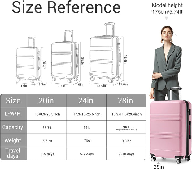 Kono 3 Piece Luggage Sets Expandable(only 28") Lightweight with Spinner Wheels TSA Lock Hardside Travel Rolling Suitcases 20in 24in 28in Carry on Pink