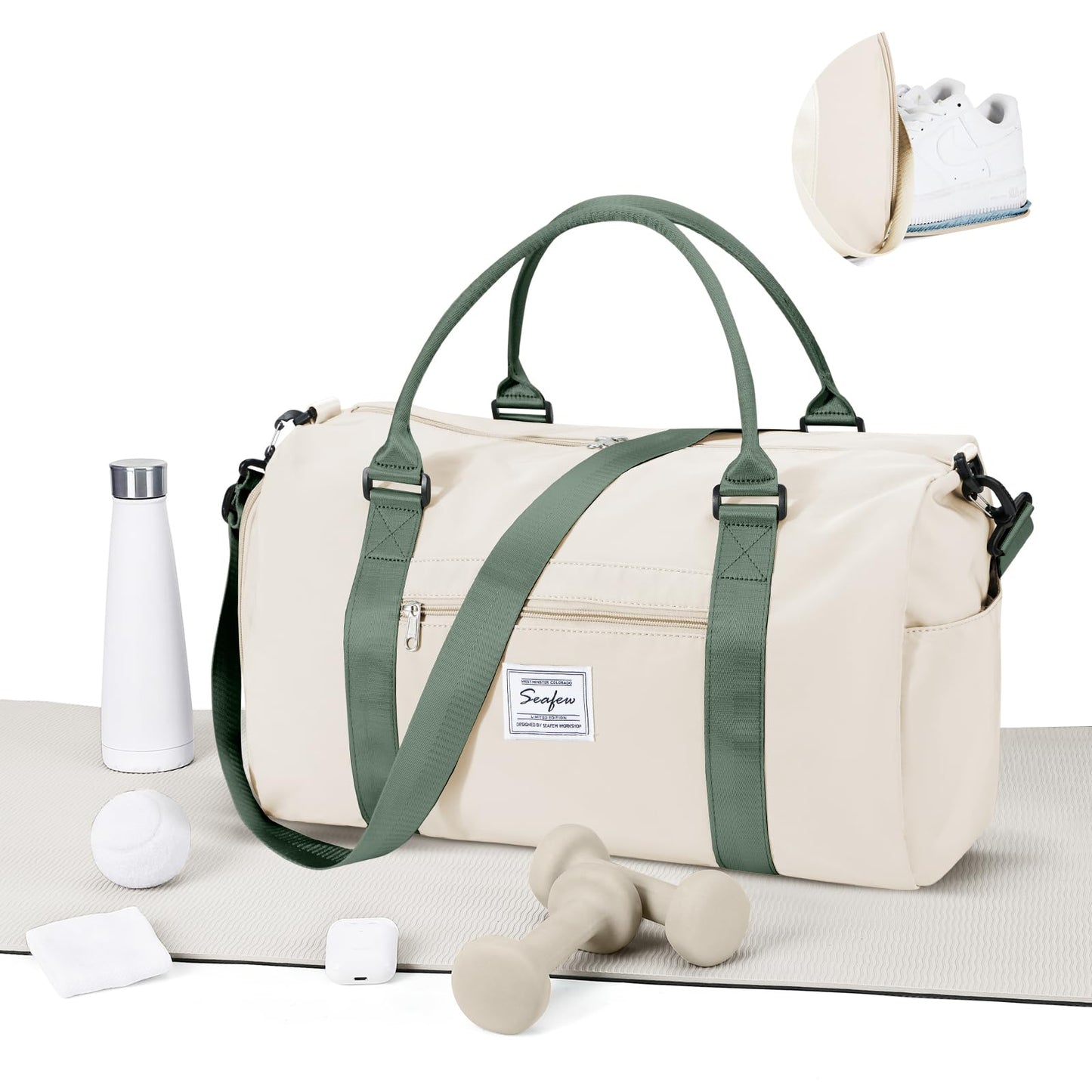 Gym Bags for Women Men with Shoes Compartment,Sports Duffle Bags Personal item travel Duffel Tote Bag Small Carry on Weekender Overnight Bag Workout Dance Bags Hospital Holdalls Grey Green