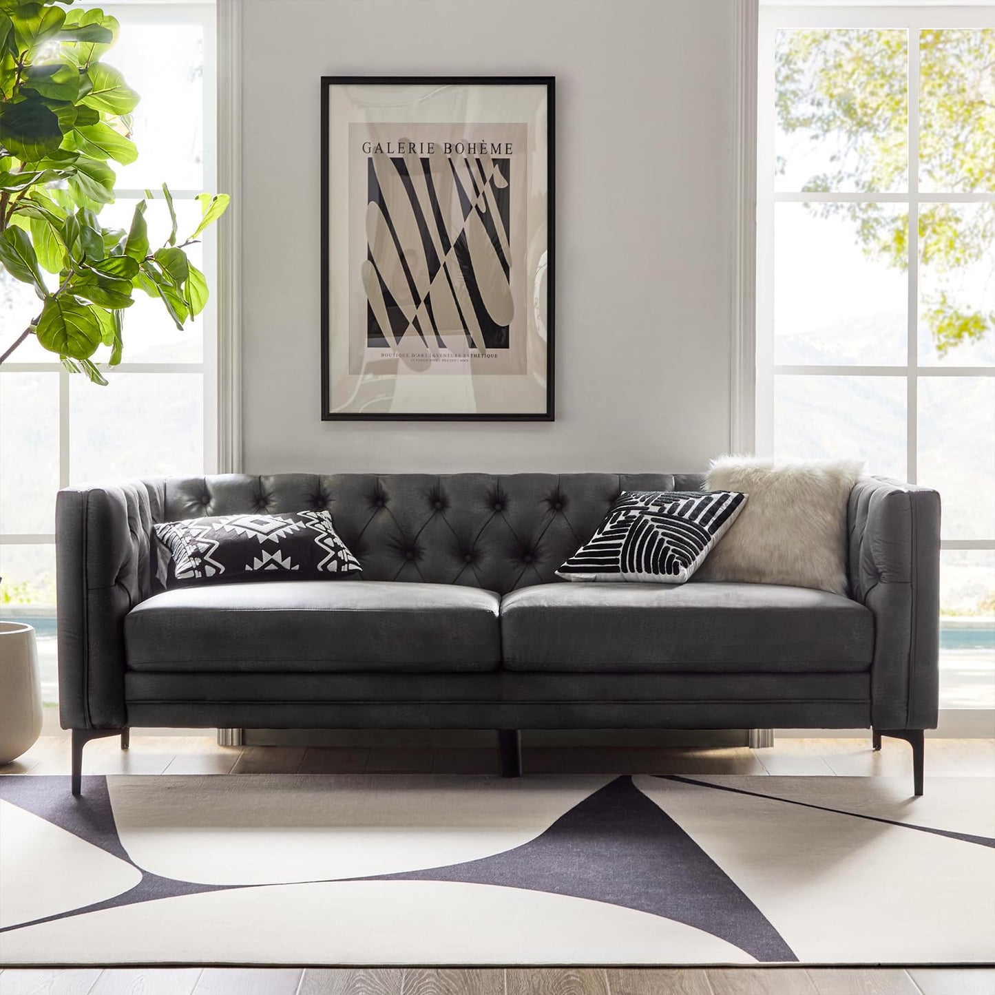 HULALA HOME 84" W Faux Leather Sofa Couch with Metal Legs, Button-Tufted 3-Seater Sofa, Mid Century Modern Upholstered Couch for Living Room, Entertainment Area, Apartment,Camel
