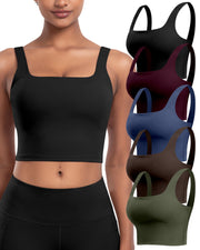 Womens Sports Bras 5 Packs - Square Neck Longline Workout Crop Tank Tops Padded Yoga Camisole with Built in Pads