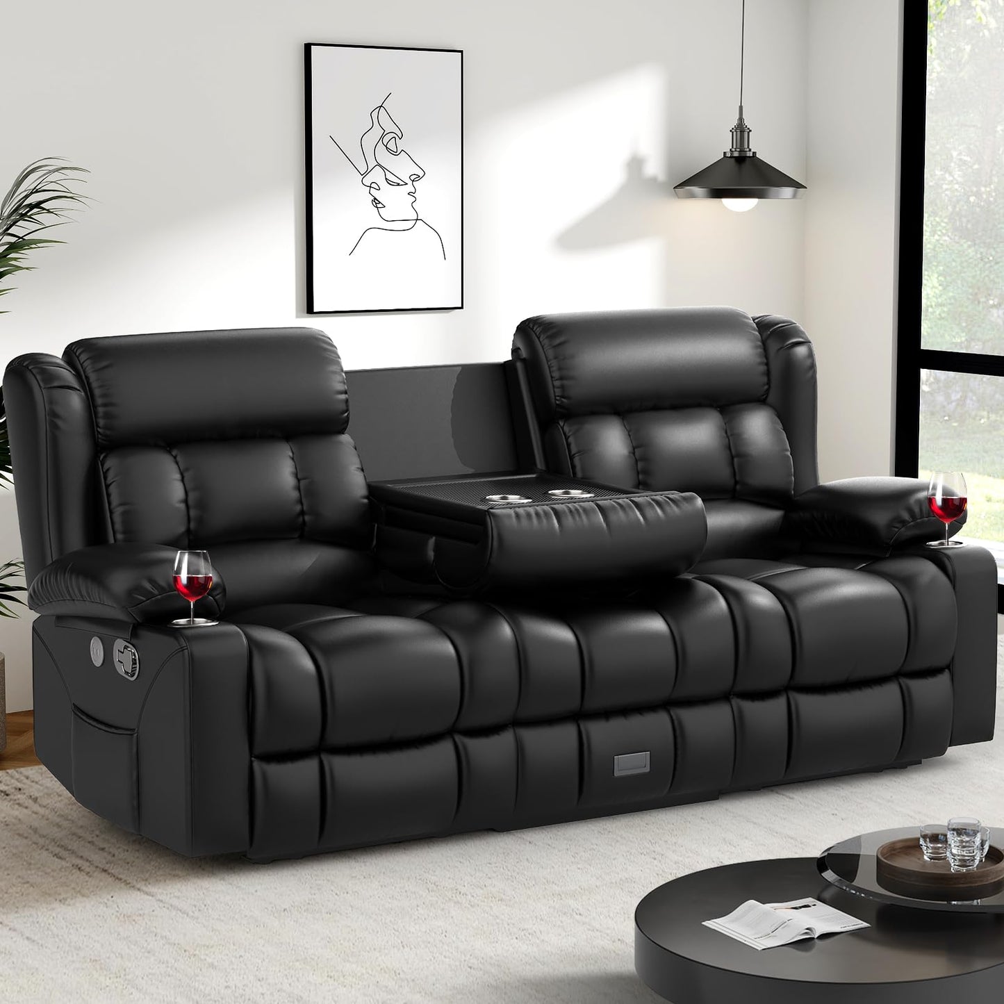 Loveseat Recliner Sofa, Flip Middle Backrest Design PU Leather 3 Seat Reclining Sofa with Storage Drawer, Manual Couch for Living Room (Ivory White, PU)