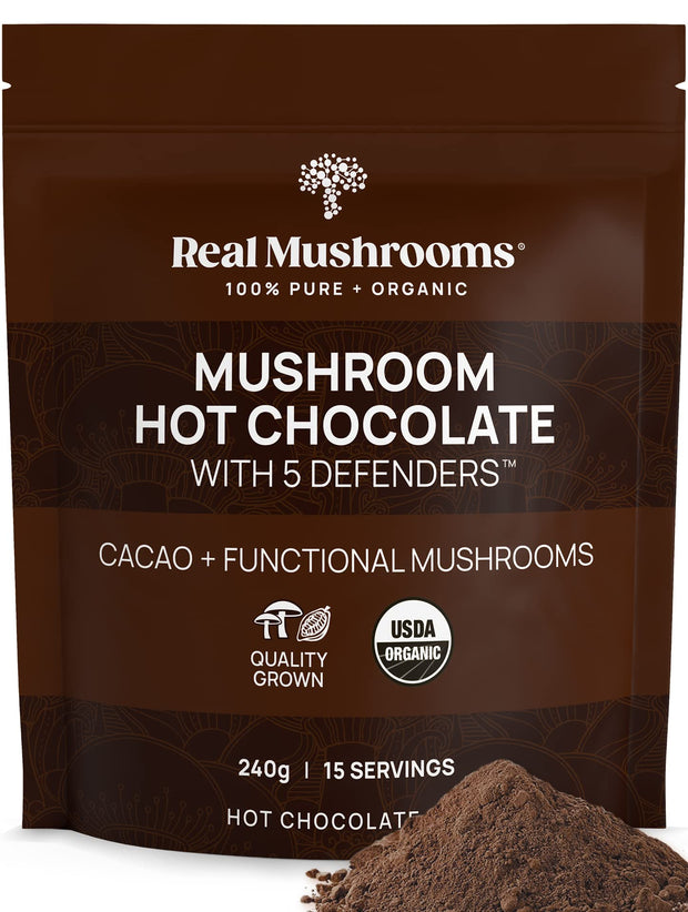 Real Mushrooms Organic Hot Chocolate Mix with Reishi, Turkey Tail, Chaga, Shiitake, Maitake – Cacao Powder Organic Mushroom– 5 Defenders Mushroom Cacao Powder, Vegan, Gluten-Free, 15 Servings