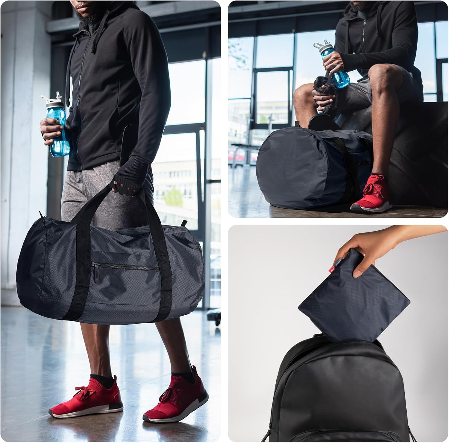 pack all 45L Foldable Duffel Bag, Water-Resistant Sports Gym Bag, Portable Weekender Bag Lightweight for Travel, Fitness and Camping (Navy Blue)